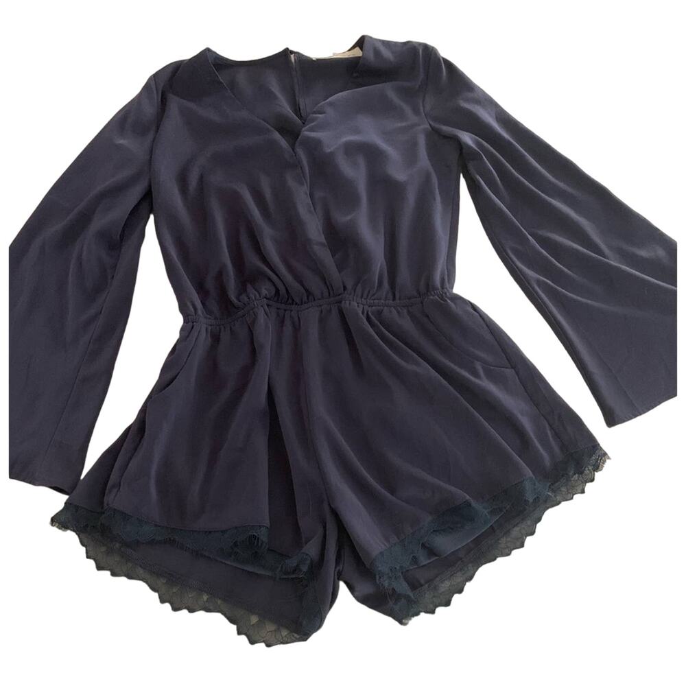 Havana long sleeve romper navy blue silky Polyester sz Large vtg